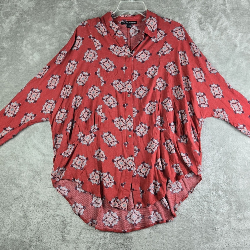 Harlow‎ & Graham Tunic Shirt Womens Medium Brick Red Patterned 3/4 Sleeve Boho